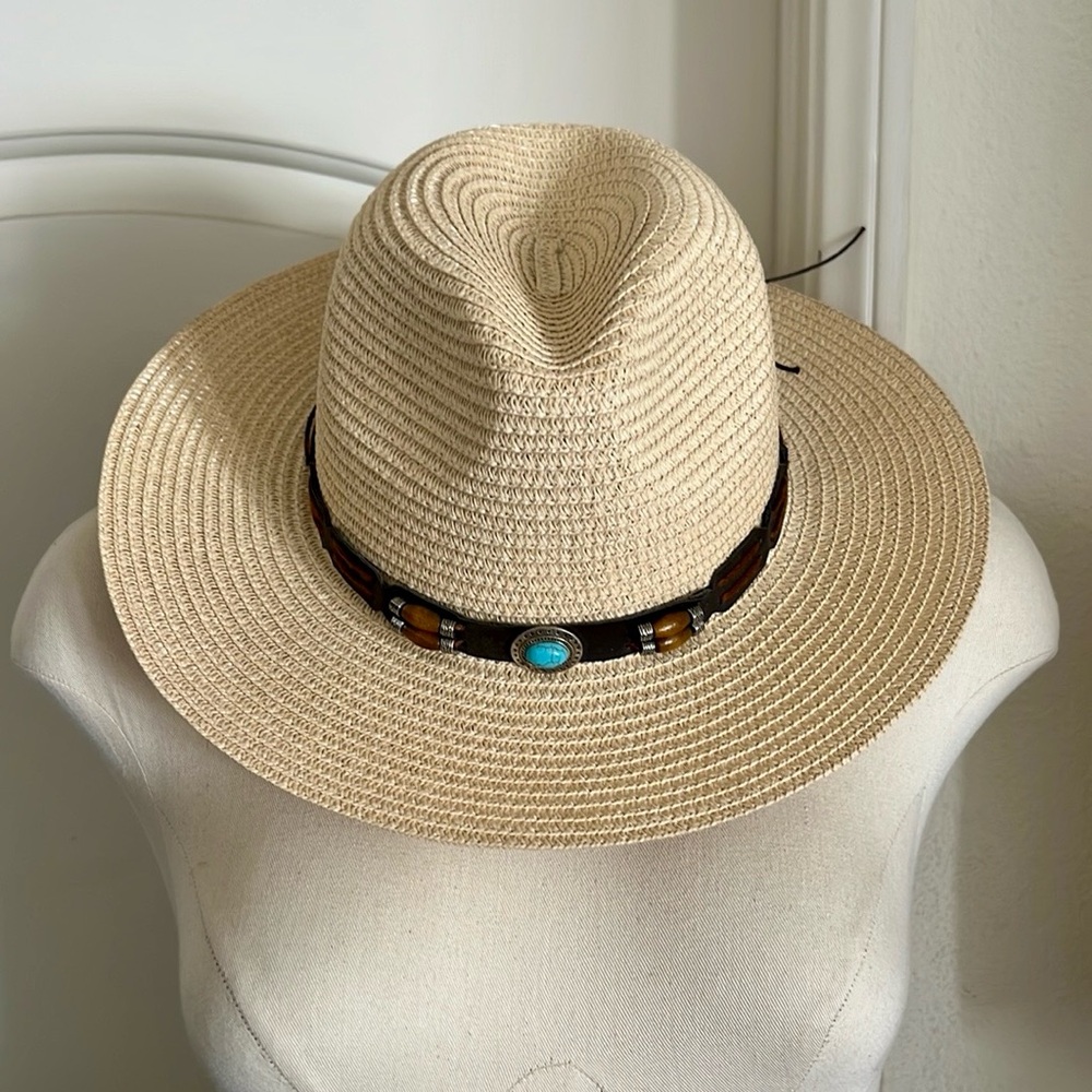New~Unisex / Straw Hat With Turquoise Stone Detail